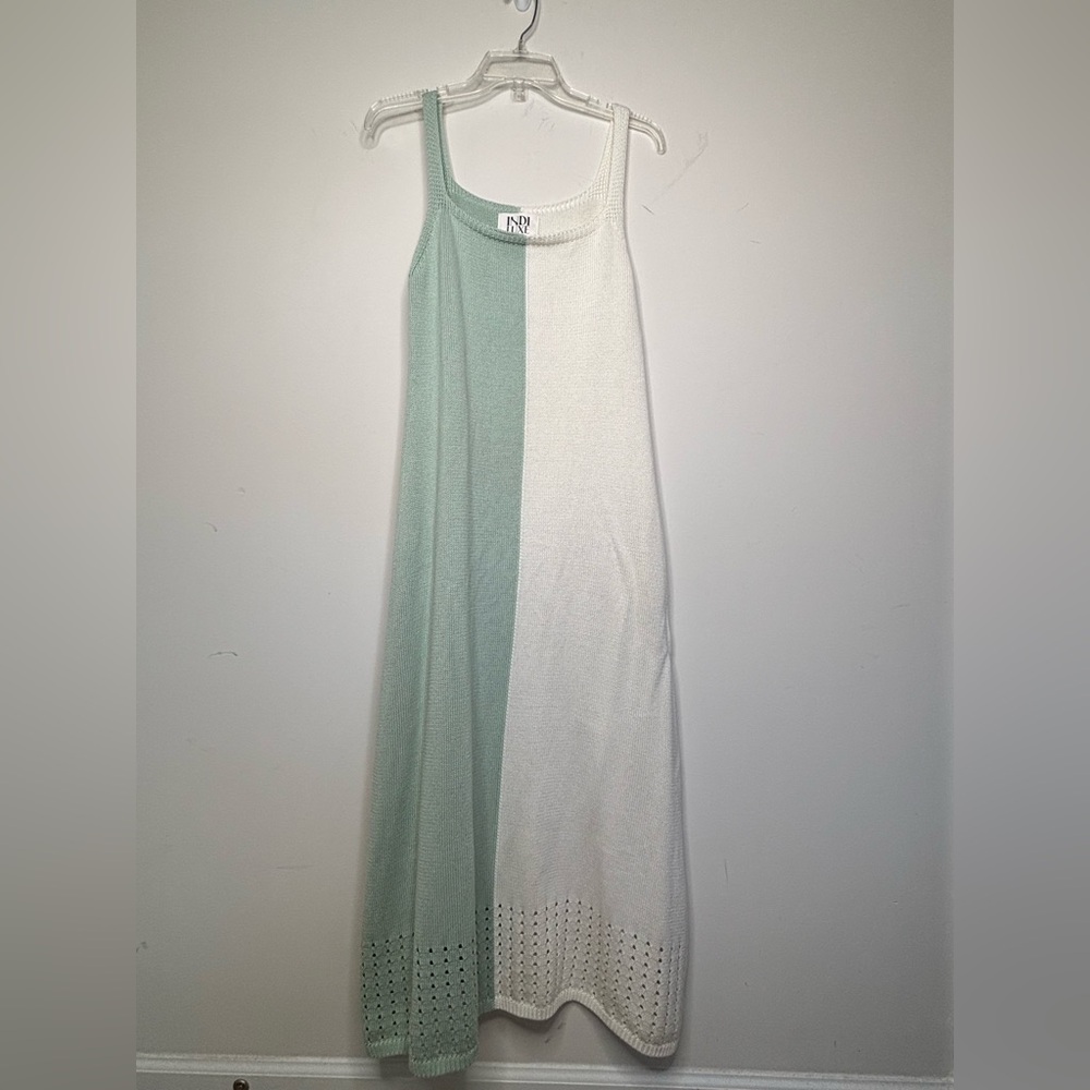 M2 Indi Luxe Colorblock‎ Midi Dress Coastal Sage Green Cotton Blend Knit Large